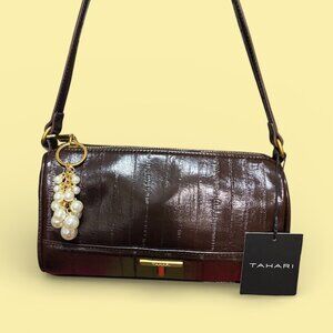 TAHARI BROWN LEATHER BARREL BAG NWT